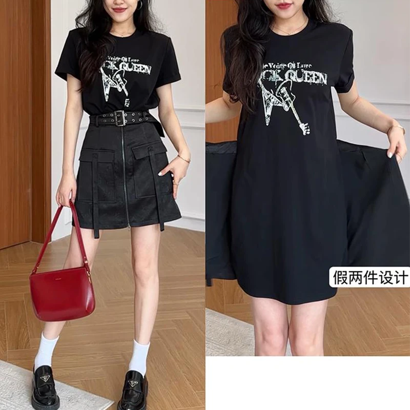 假两件美式复古拼接显瘦连衣裙2025夏季新款时髦小个子高级感穿搭