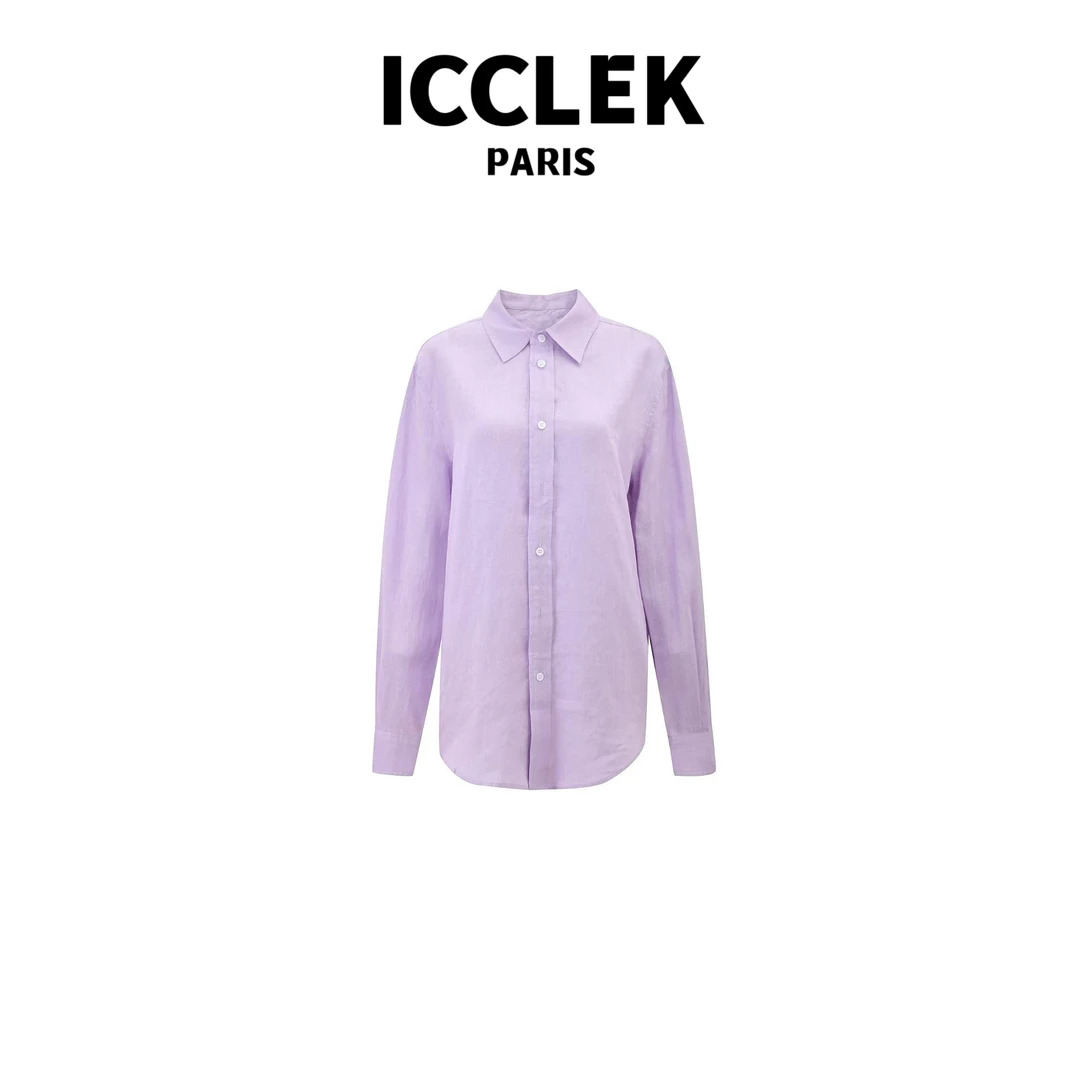 ICCLEK 紫色亚麻刺绣翻领衬衣 设计感 气质 -6051