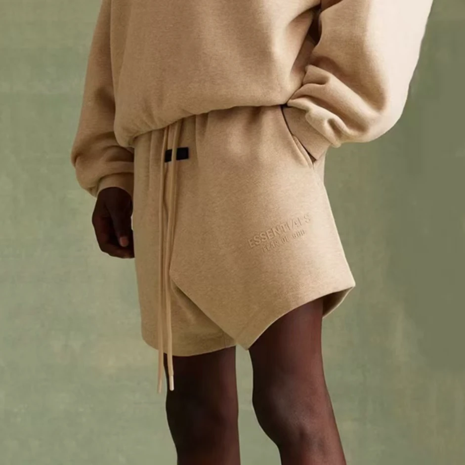 FOG 复线ess 立体硅胶标加绒短裤 长抽绳宽松五分裤男女同款-2324