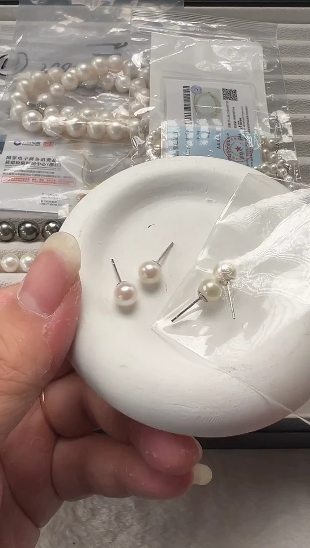银S925镶嵌耳钉海水珍珠6-7mm海水akoya耳钉003