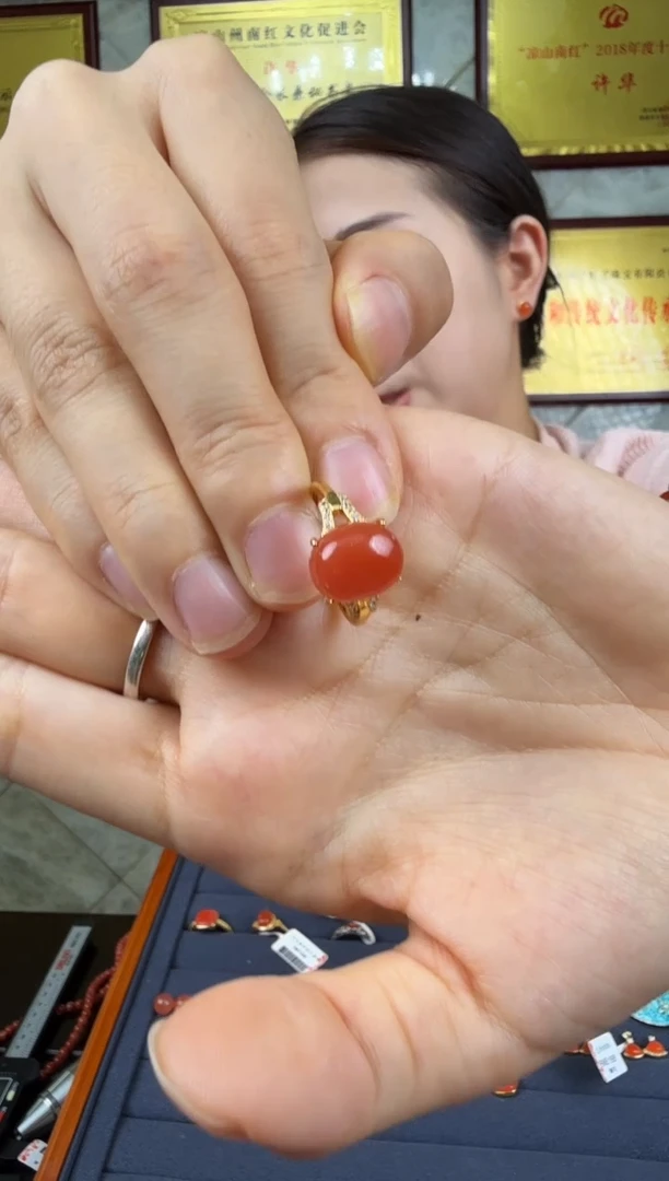 南红玛瑙银S925镀金镶嵌戒指戒指