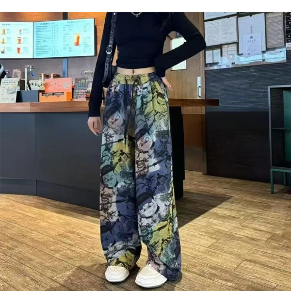 流行长裤印花哪吒显瘦外穿夏季高腰直筒新中式百搭阔腿女裤慵懒风