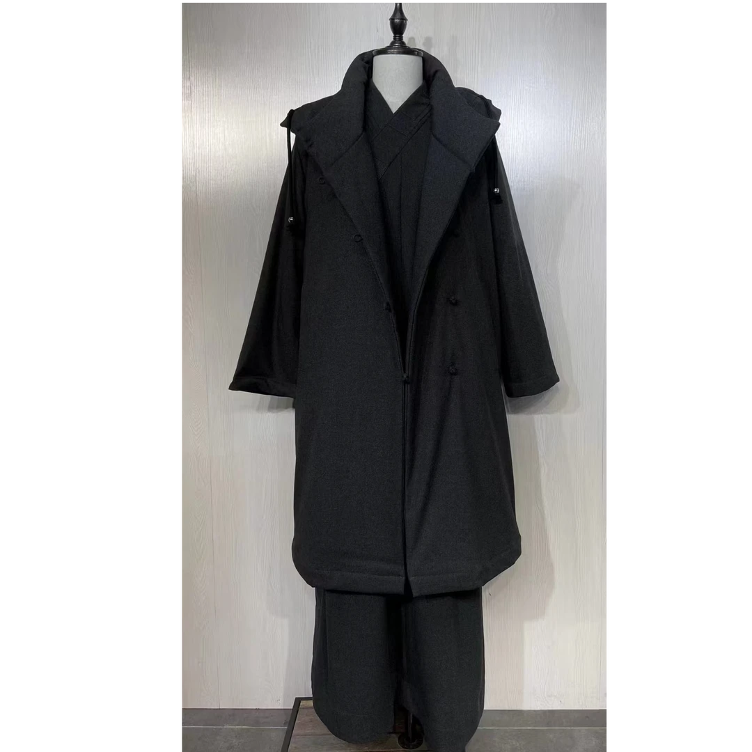 明引冬季长款棉袄禅服中领抗风长褂保暖长外套居士道士羽绒棉禅服