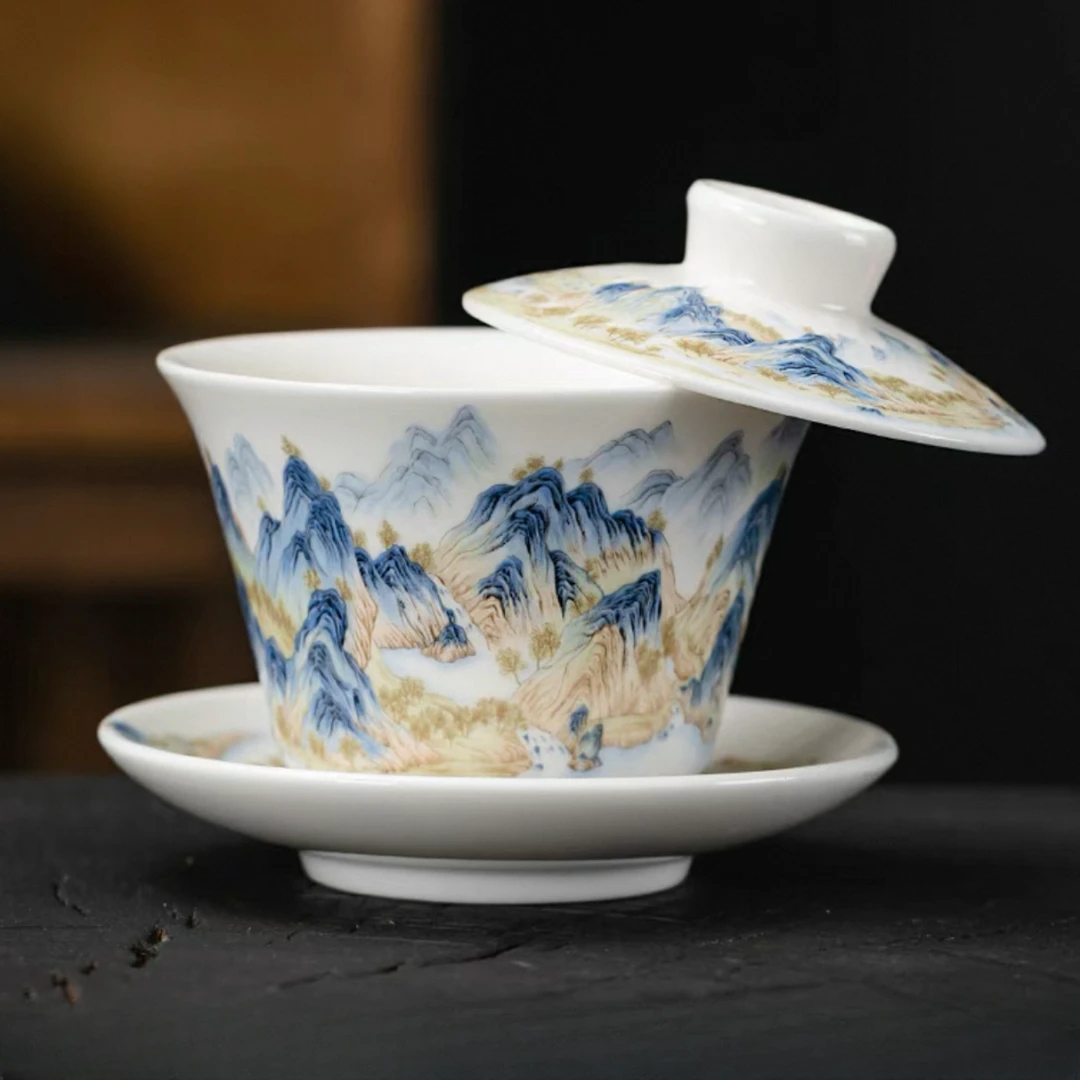 羊脂玉瓷千里江山白瓷悬停盖碗@Z075（lf）