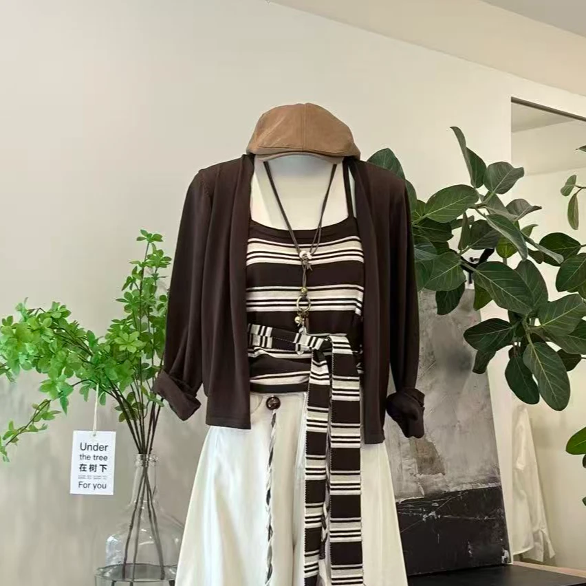 【摩卡风情】韩系氛围感绑带收腰条纹显瘦上衣-A27