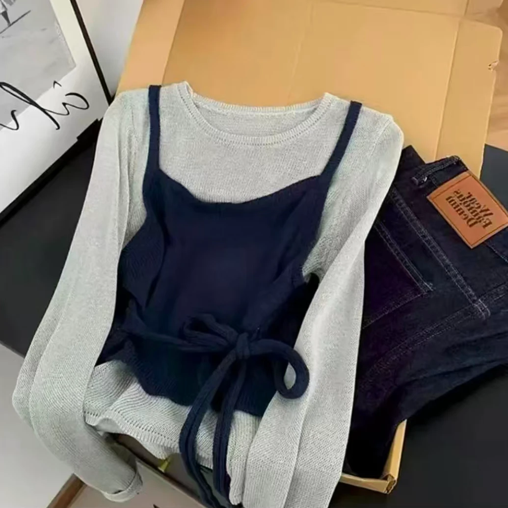 （运费补贴+现货）秋季百搭吊带背心长袖两件女韩系新款宽松上衣