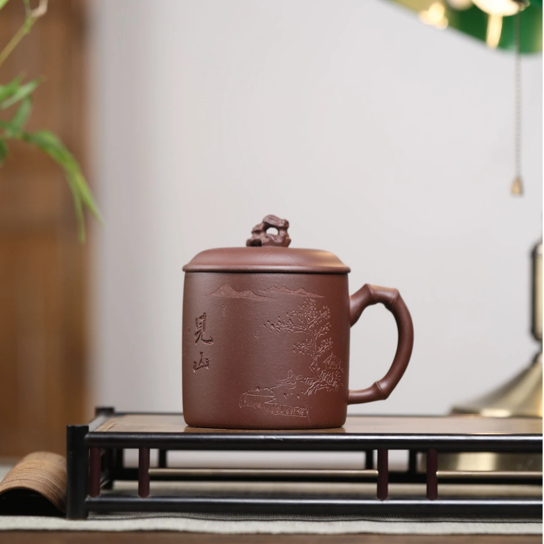 尾单微瑕宜兴原矿紫砂手工深井紫泥见山太湖石泡茶盖杯450cc左右