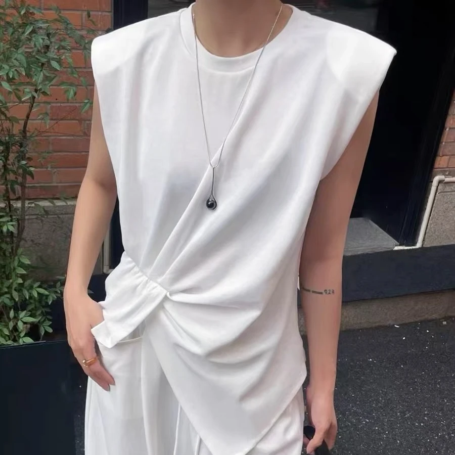 5569#2025夏季新款设计感圆领短袖垫肩不规则无袖T恤女背心上衣