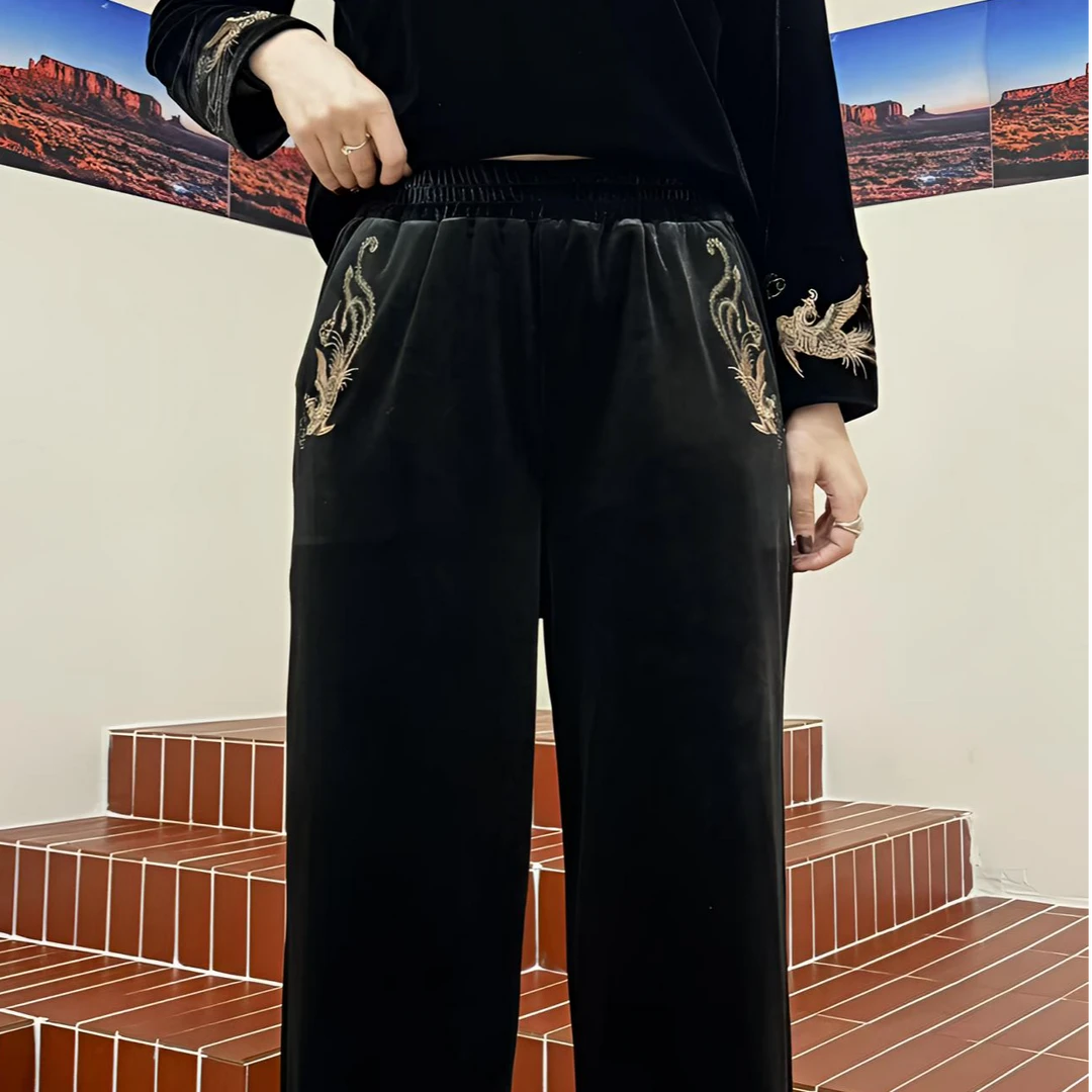 秋季口袋中国风百搭休闲裤时尚新款丝绒刺绣精品显瘦女裤直筒