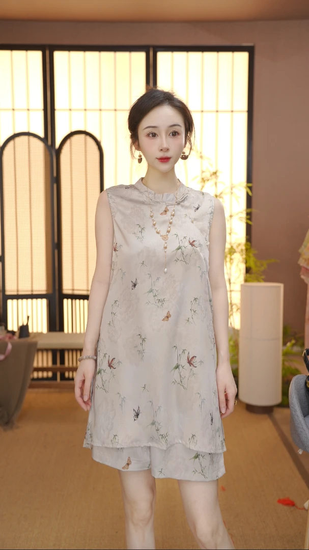 新中式2025夏季气质百搭提花立领短袖上衣裤子女FB25071319