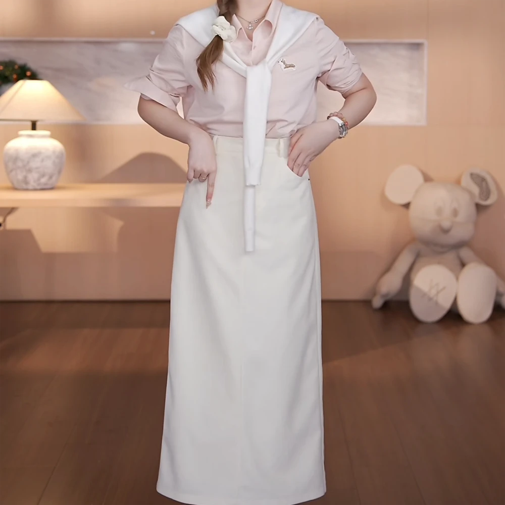 【浅春韩女】敲有韩感的百搭正肩刺绣衬衫高腰显瘦半裙套装两件套