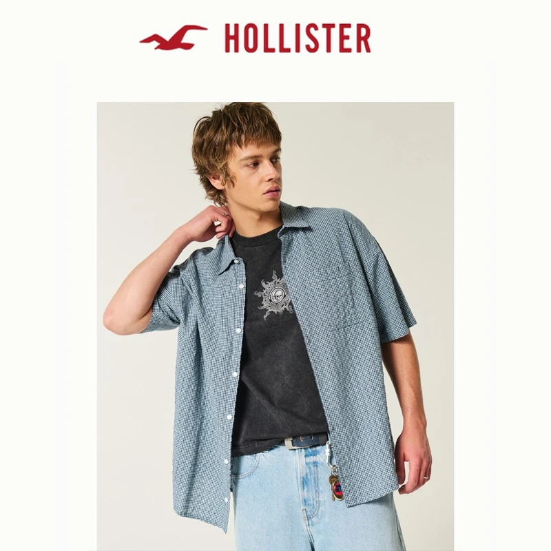 合并Hollister25夏美式极简风情侣肌理感格子衬衫男装KI325-5162