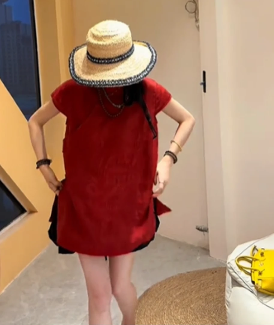 大码新中式洋气红色上衣女2025年夏季新款时尚百搭显瘦设计感短袖