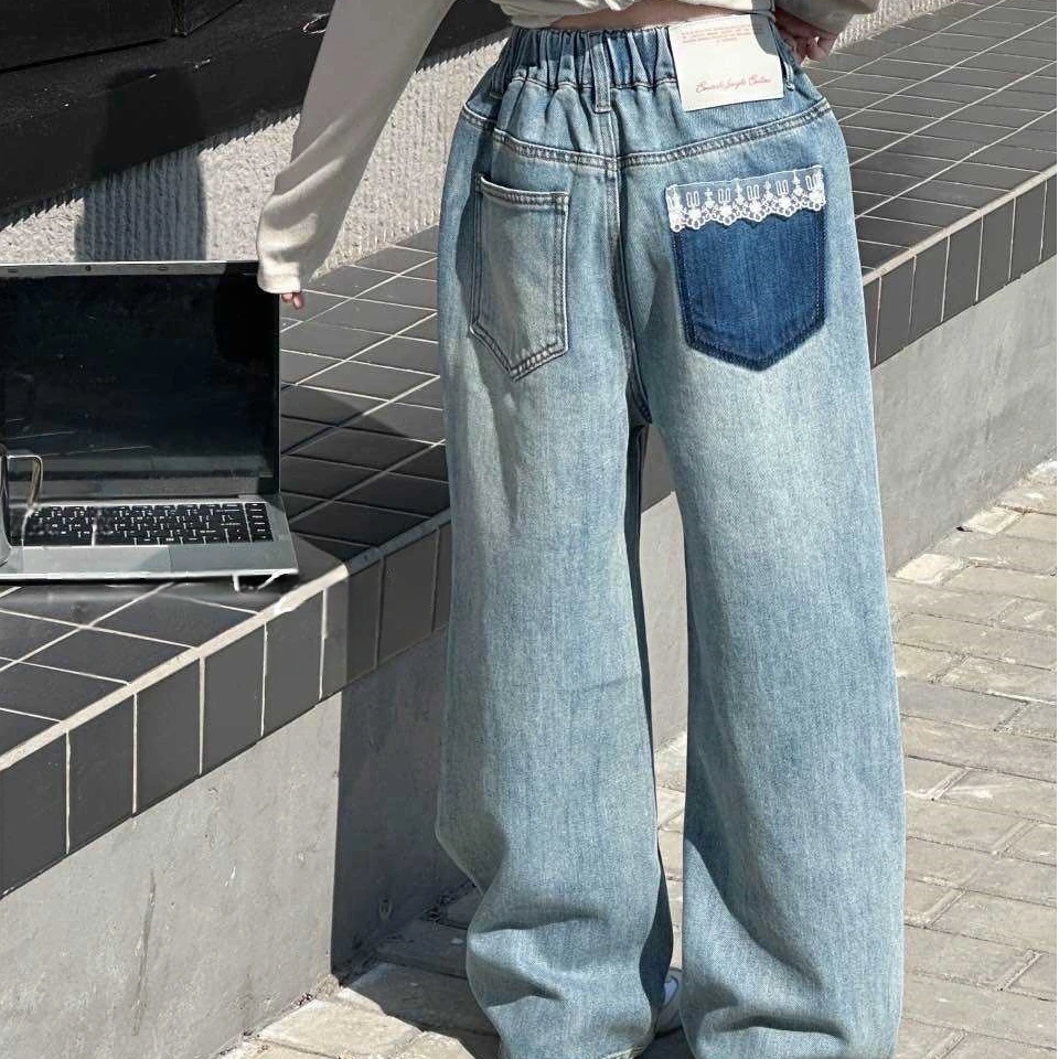 X2025女童牛仔裤拾在新款儿童宽松阔腿裤中大童直筒长裤1568