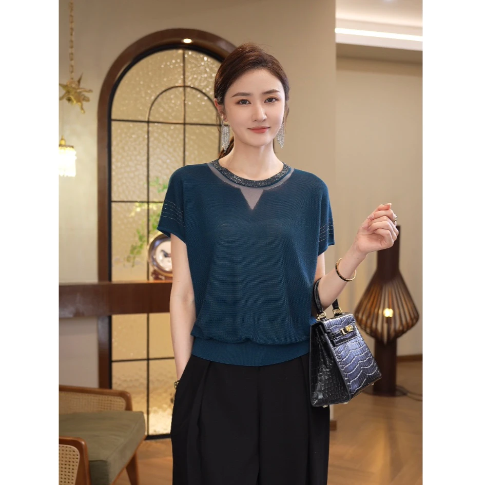 唐熹2025新款【7559】莱赛尔夏季必备烫钻设计感青蓝短袖上衣女显瘦