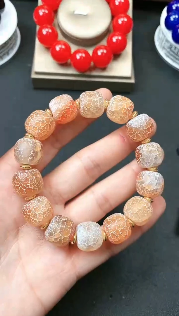 【闪购商品】玛瑙/玉髓手链未镶嵌血胆金莲风化料苹果珠卡14