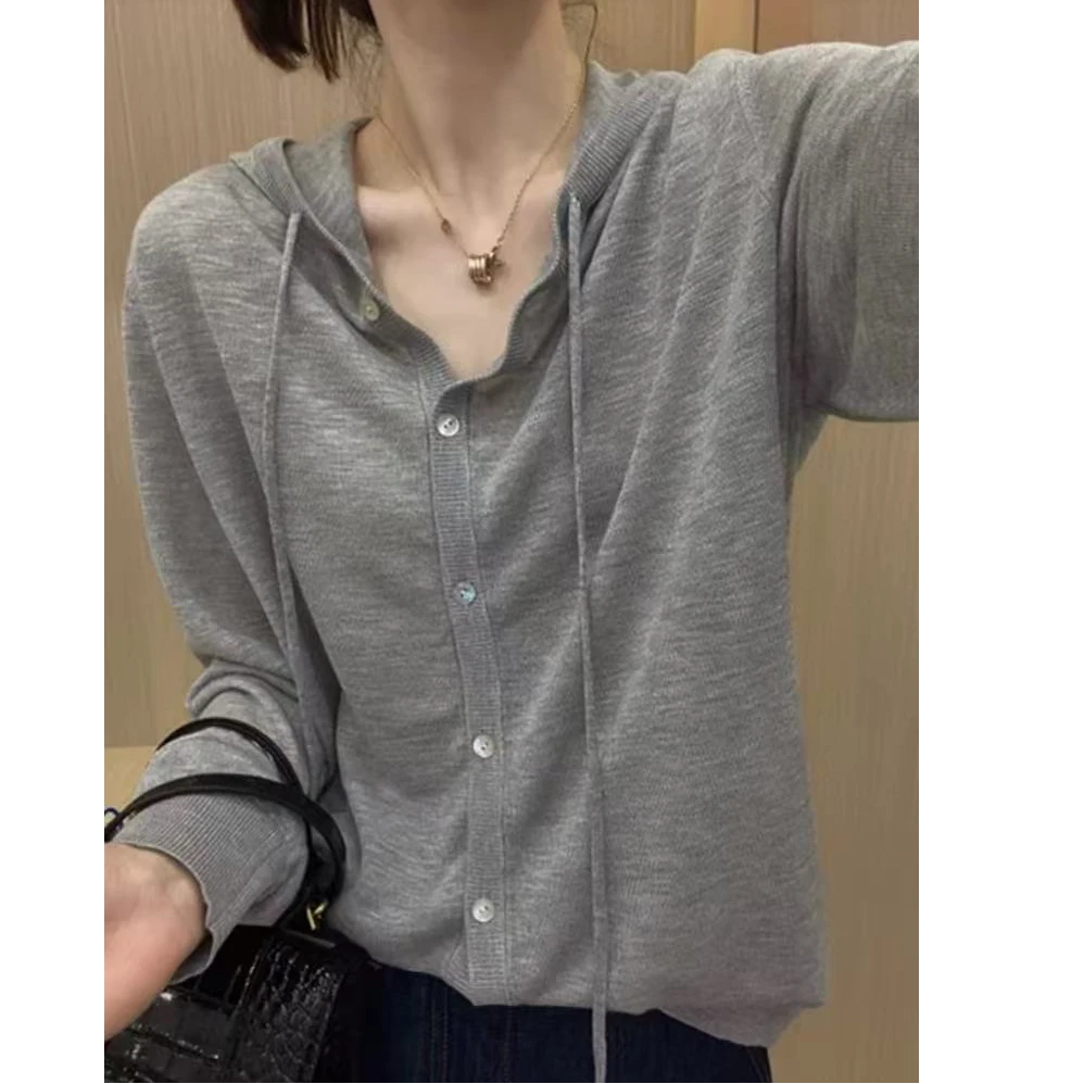 韩系复古防晒衣针织外套韩版连帽宽松套头帽衫女休闲洋气