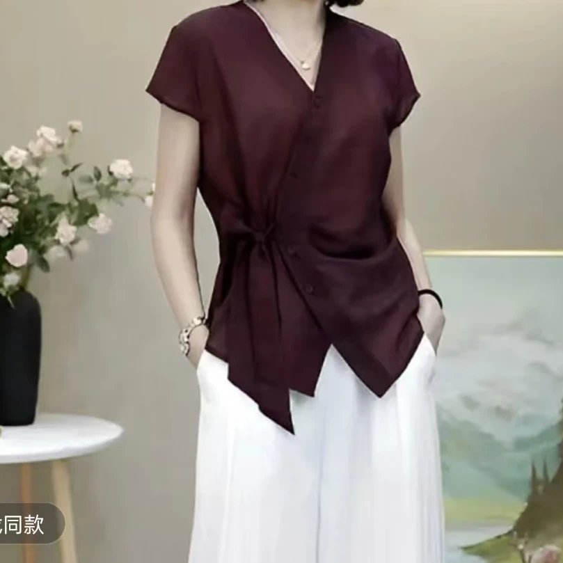 黑色短袖衬衫女2025年夏季新款时髦洋气显瘦体恤收腰显瘦上衣薄款