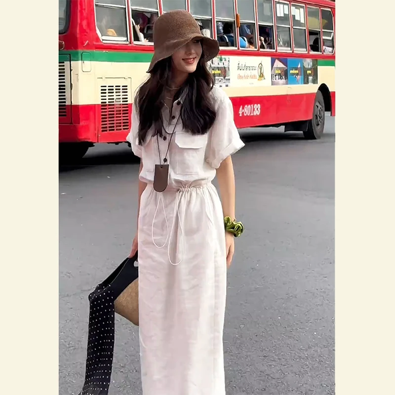 夏季法式抽绳收腰长裙高端精致气质通勤高级感亚麻白色衬衫连衣裙