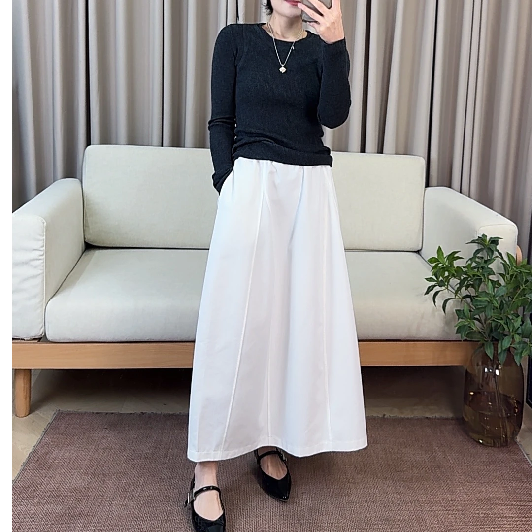 兰嫣纯色复古宽松A字休闲高腰气质松紧腰中长款花苞裙25805