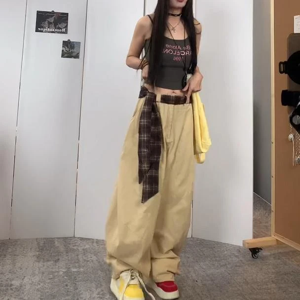 夏季新款女美式复古百搭设计感拼接格子松弛感宽松阔腿弯刀拖地裤