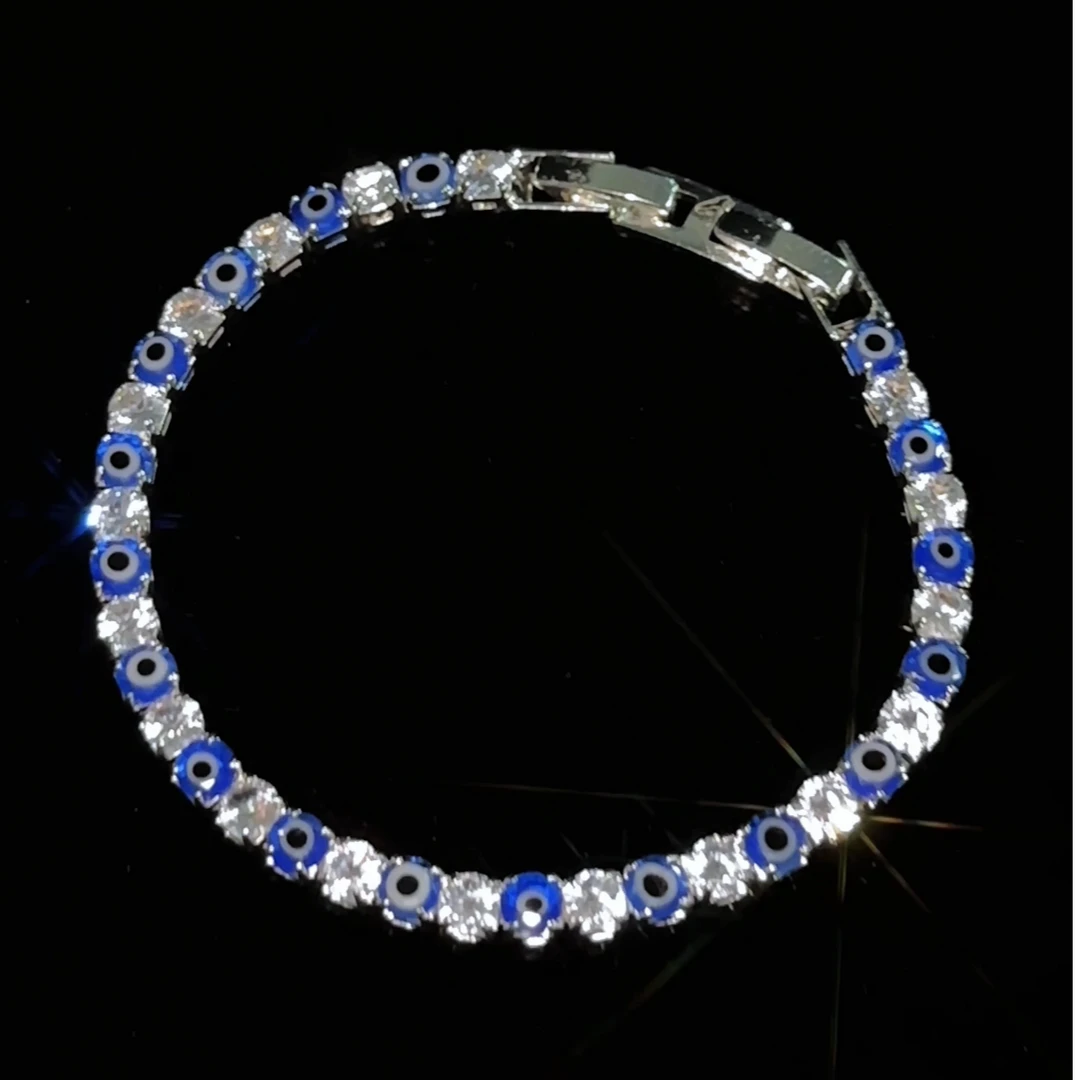 合金手链 【鸳鸯冰糖 手链】银色银蓝锆手链风发字嘻哈潮人街