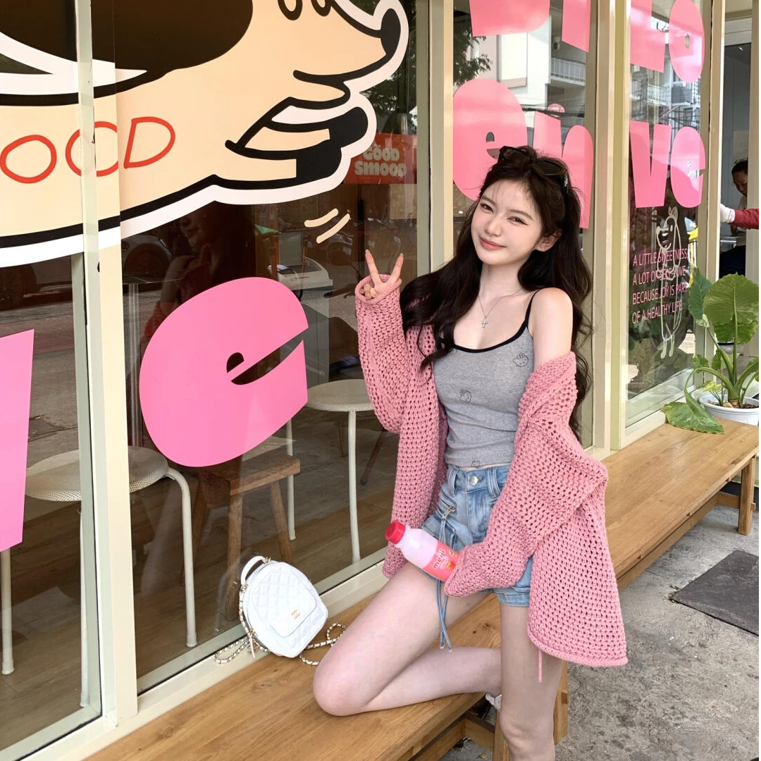 气质慵懒风女装韩系洋气衣服女显瘦吊带背心百搭开衫外套套装短裤