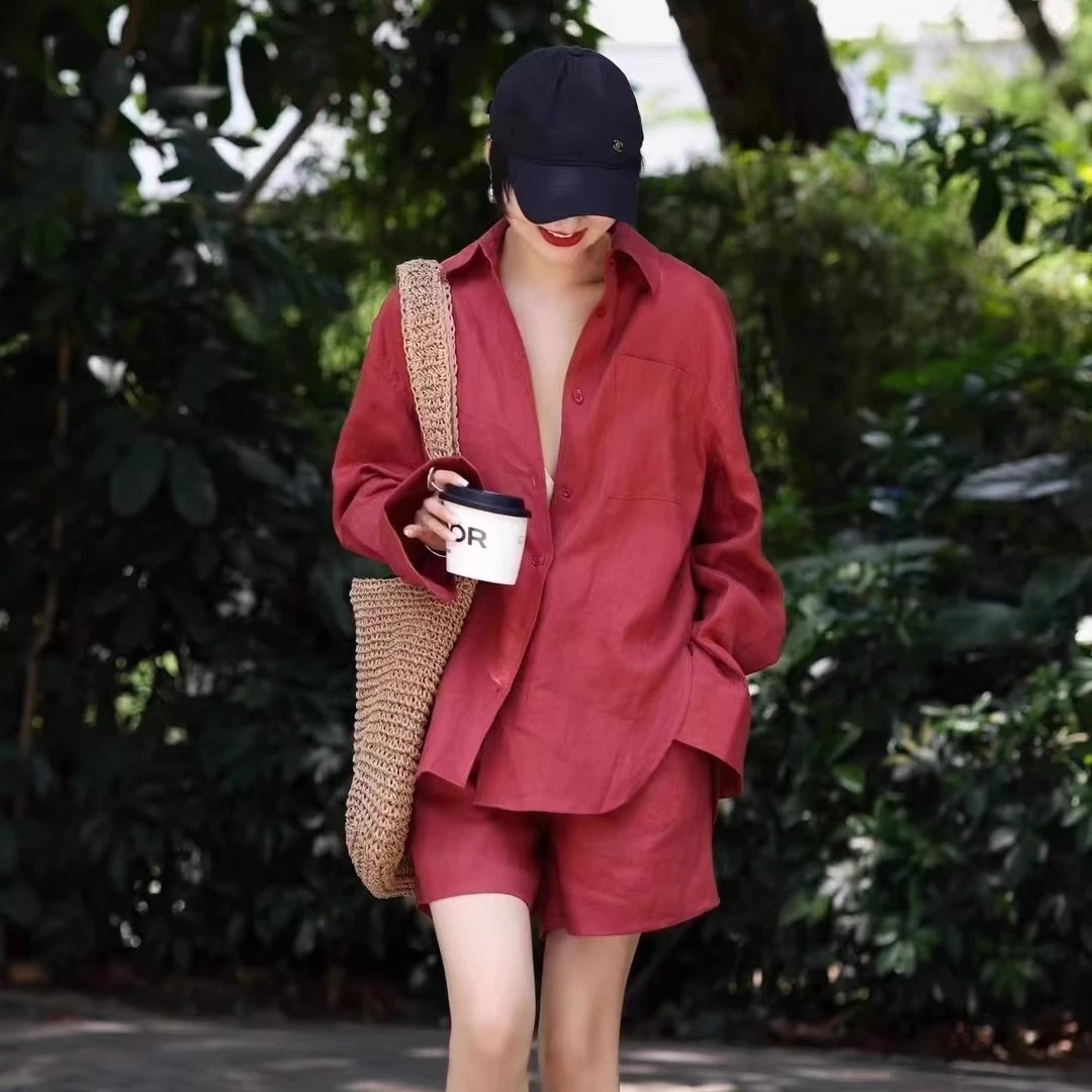 高品质亚麻多色衬衫短裤套装