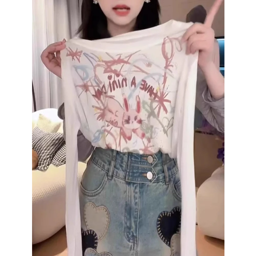 薄款冰丝涂鸦长袖t恤女夏季2025新款上衣高级感网纱打底衫皮肤衣