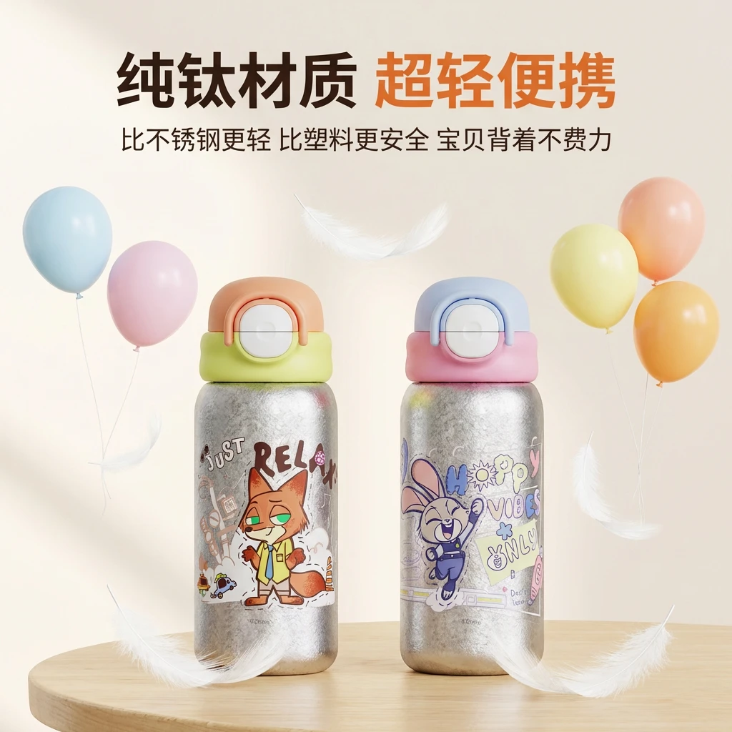 【纯钛】迪士尼疯狂动物城钛杯不锈钢带杯套高颜值潮流水杯500ml