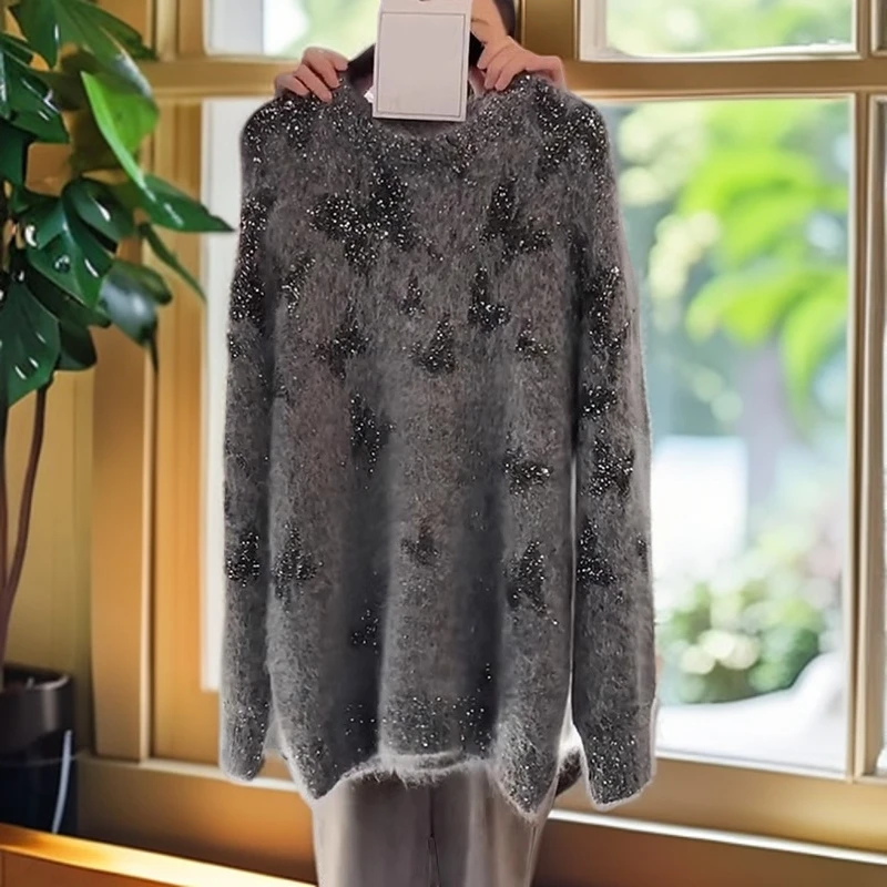 灰色加厚毛衣女秋冬季慵懒高级感软糯宽松重工亮片打底针织衫上衣