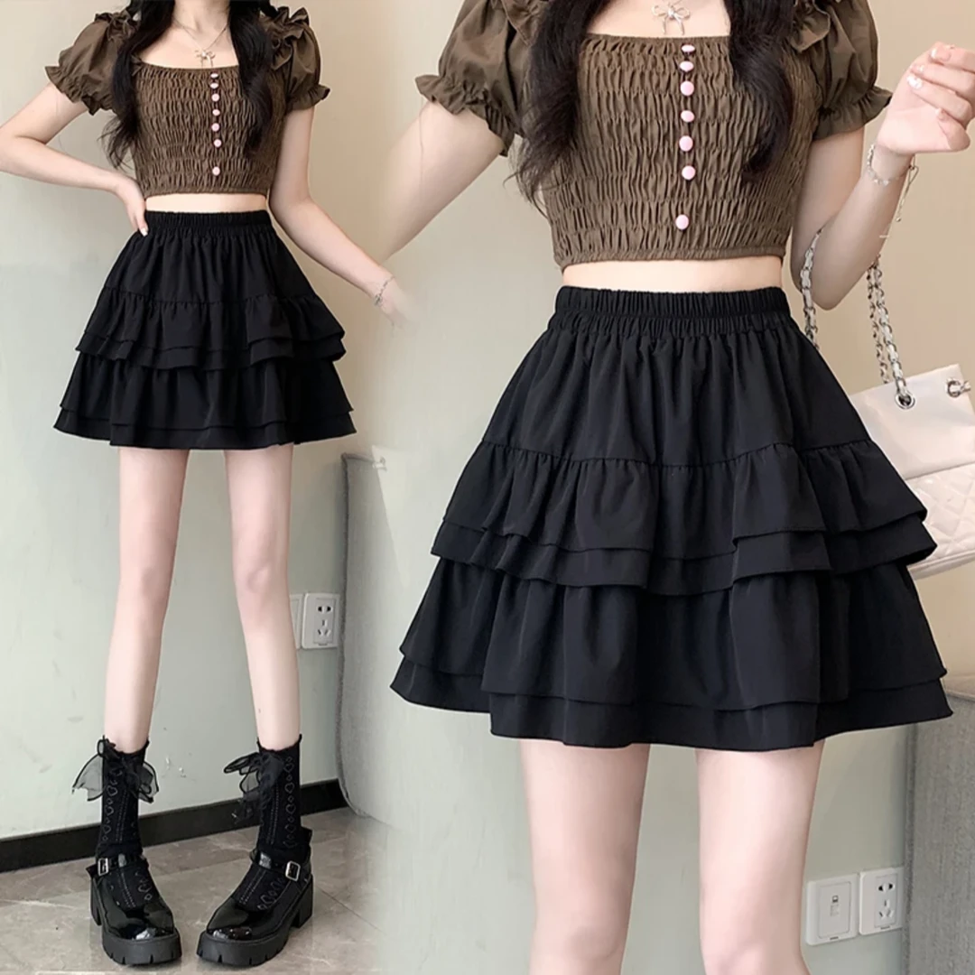 2025新款夏季松紧腰法式显瘦a字蓬蓬黑色短裙芭蕾风蛋糕半身裙女