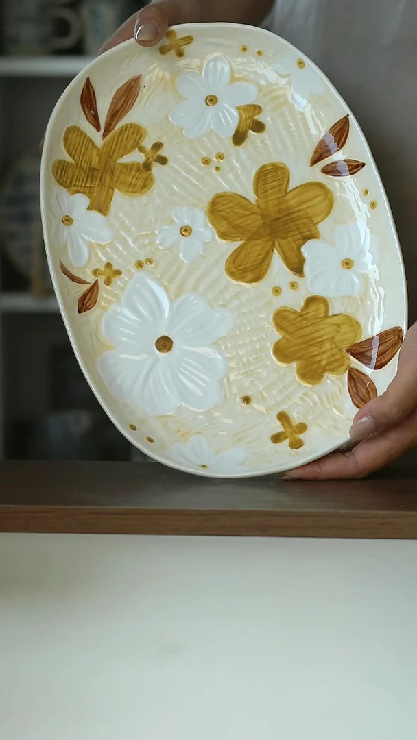 微瑕有田烧手作野绘集椭圆盘30cm@4-2@