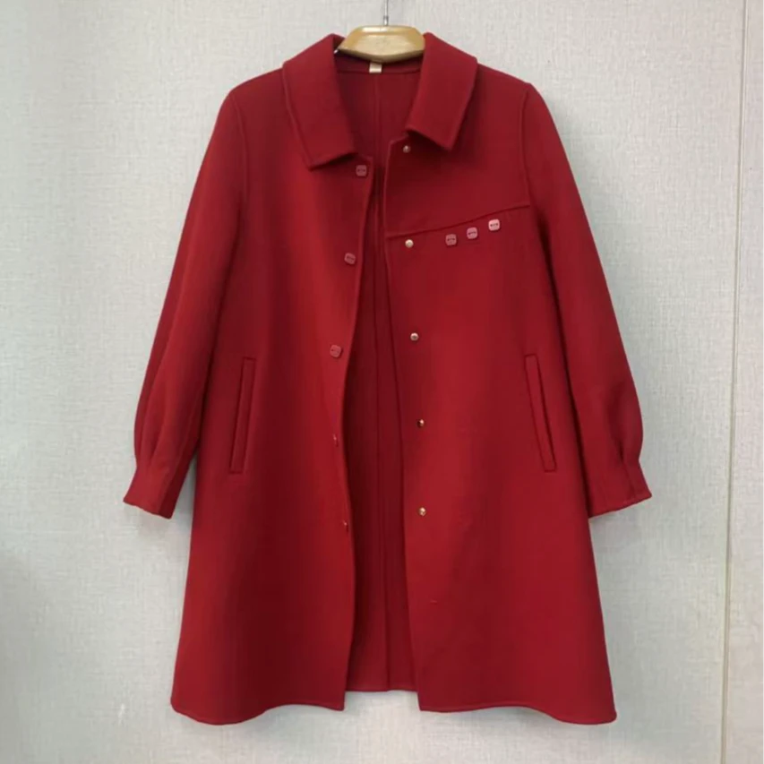 祥好服饰  冬季拉菲红中长款羊绒外套 D902