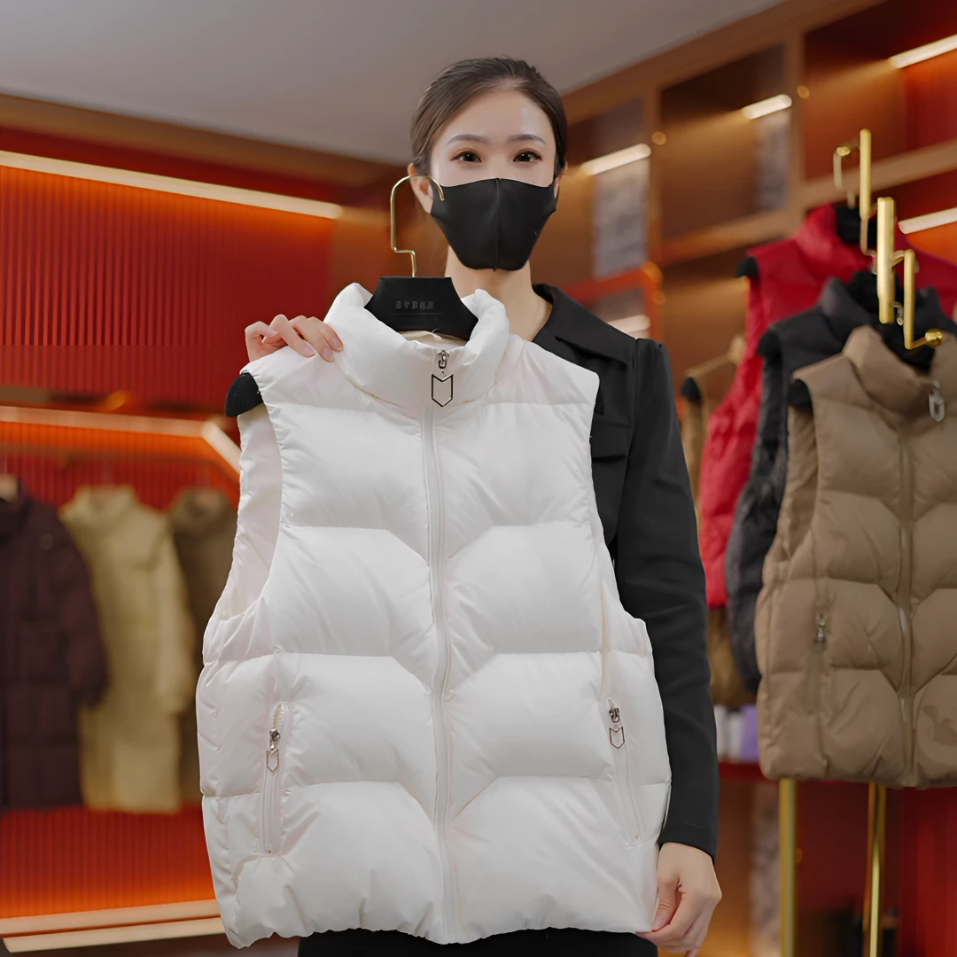 2024春秋冬季百搭时尚马休闲甲白鸭绒韩版宽松立领女装拉链马夹