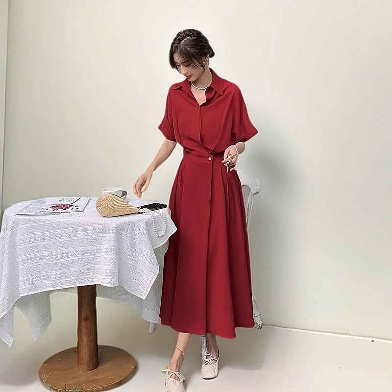 A实拍法式小众别致红色收腰衬衫连衣裙女夏2025新款高级感气质长