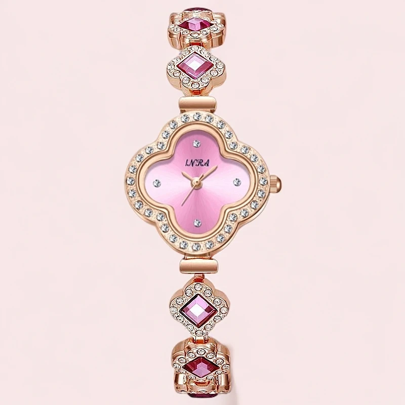 BDH时尚新款四叶草女士幸运经典满钻樱花粉潮流手链式腕表