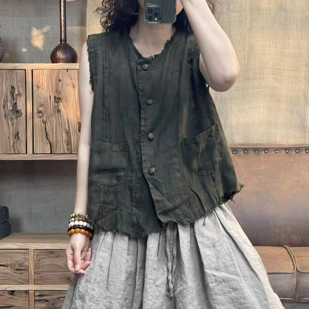 [四月阳光]夏季棉麻炒色做旧毛边复古女装休闲马夹(长59胸围120)