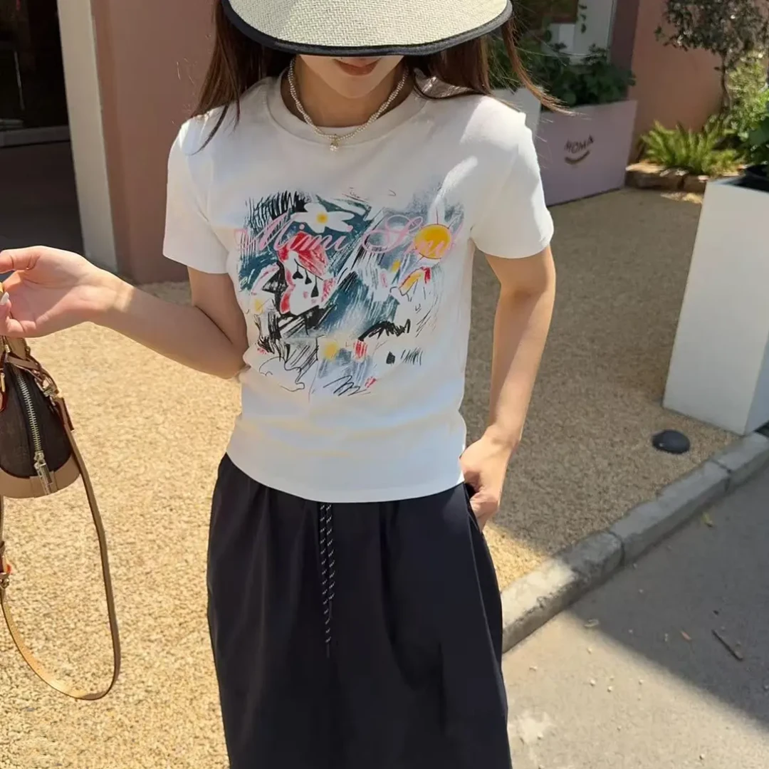 【姿姐】夏季新款彩绘印花刺绣字母时尚休闲短袖T恤女-25139