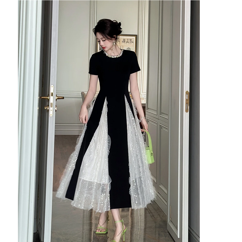 法式网纱拼接别致连衣裙女夏季2025新款胖收腰气质小黑裙子 21429