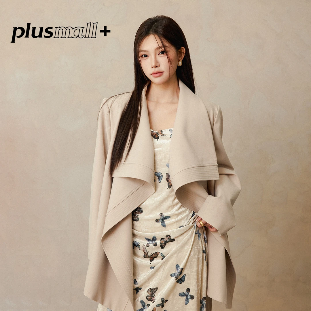 PLUSMALL 英伦旧梦 设计感不规则大翻领系带风衣外套PM2508145