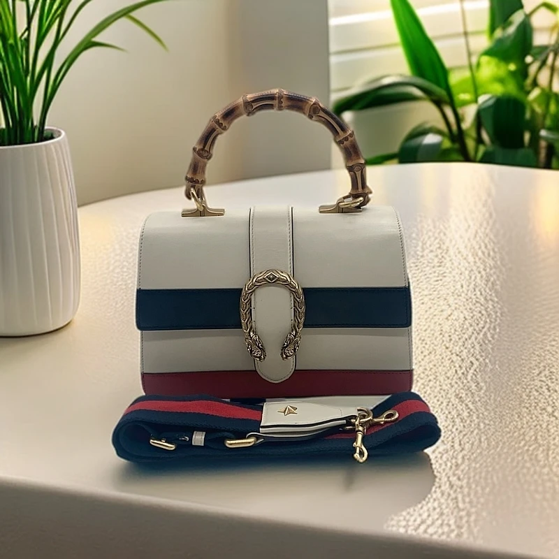 95新 GUCCI/古驰 拼色竹节手提斜挎包1122 5842