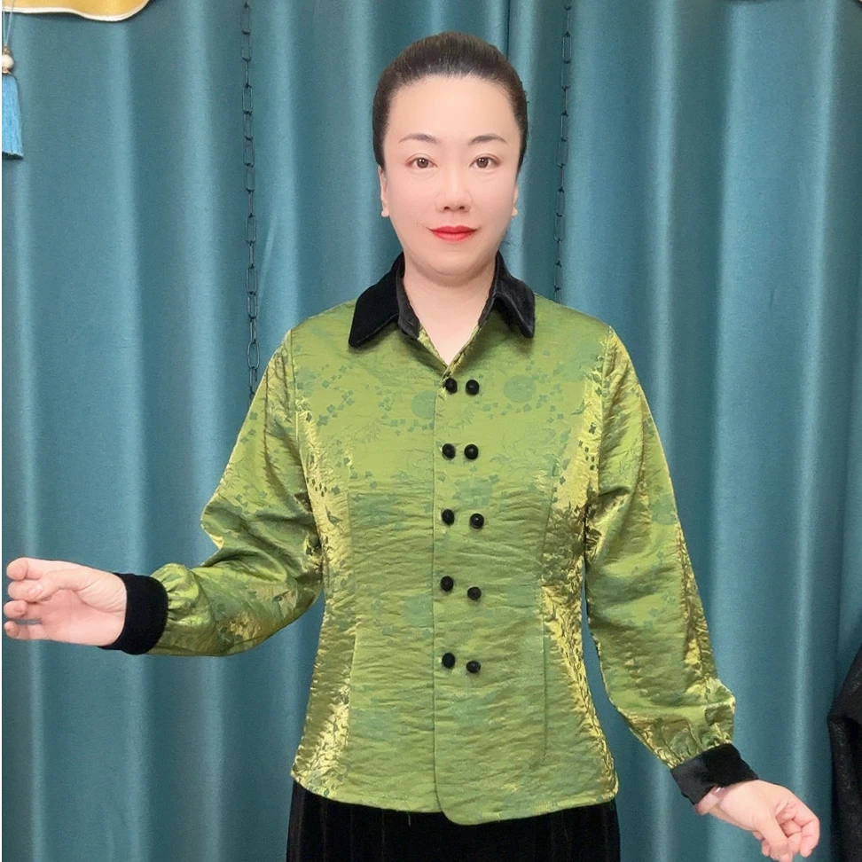 新款翻领流光锦时尚修身显瘦长袖妈妈装衬衫上衣
