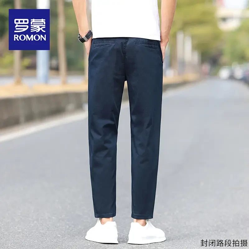 罗蒙2026春夏九分男裤商务休闲裤男士纯色百搭棉质修身直筒裤子男