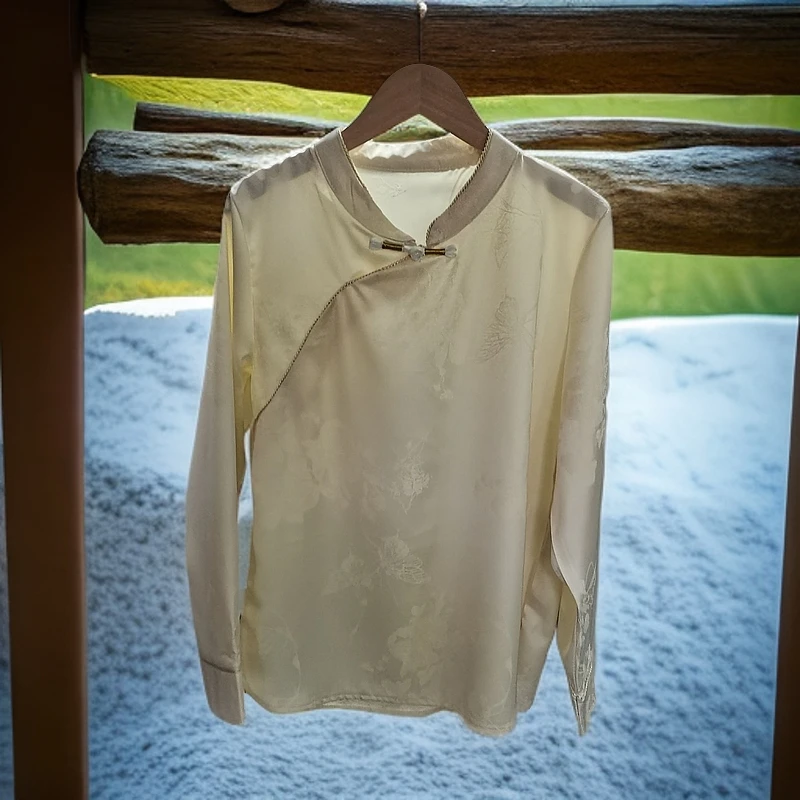 春秋新款新中式国风提花衬衫女立领盘扣宽松显瘦百搭气质上衣