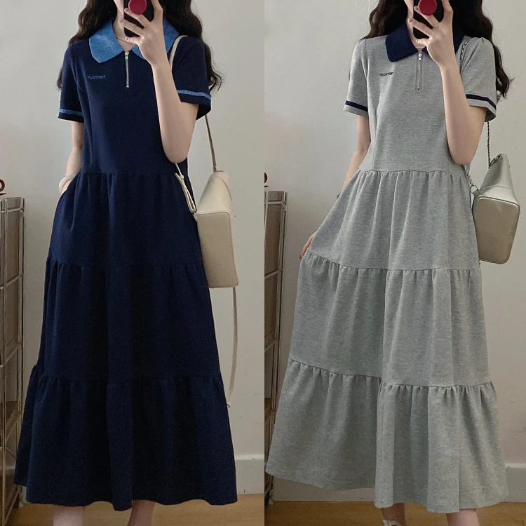 大码女装胖mm新款显瘦蛋糕裙翻领刺绣连衣裙