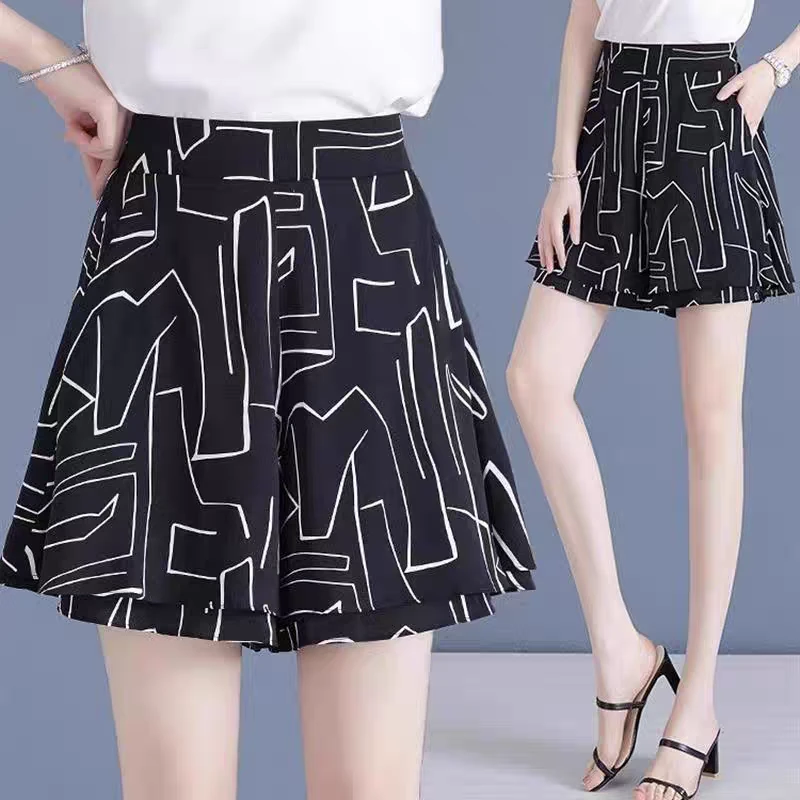 夏季新款冰丝半松紧a字阔腿短裤裙2135# 有口袋 裤长48