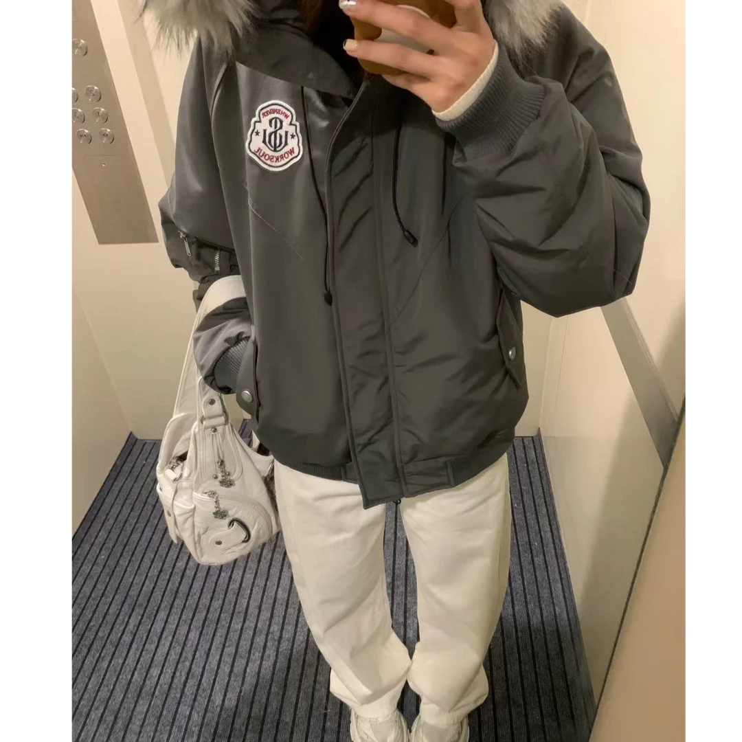 大毛领工装派克棉服女冬季加厚美式oversize宽松情侣棉衣学生外套