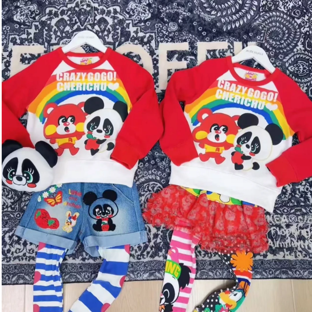 TOMATO家 日系潮牌童装  熊猫小熊彩虹插肩红色卫衣  亲子款