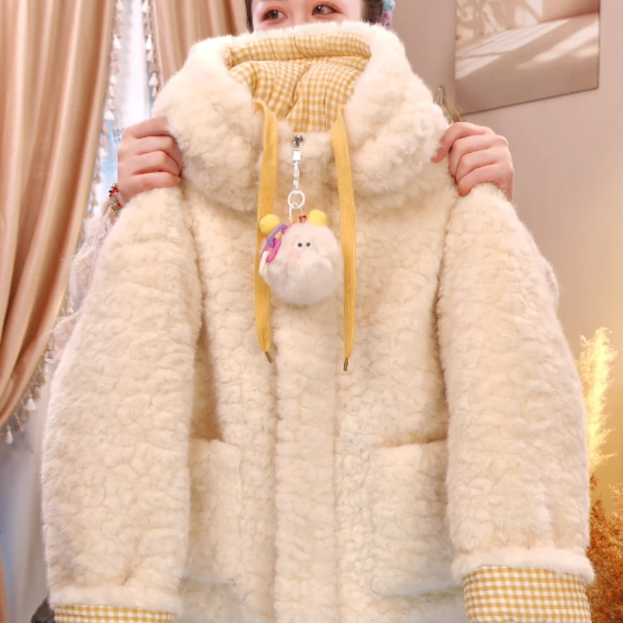 儿童冬款加绒加毛加厚保暖连帽外套洋气时尚保暖棉服韩版冬季毛绒